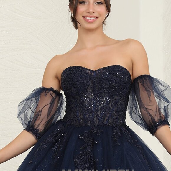 Green,blue,lilac purple,strapless beaded ball gown with detachable sleeves,prom - Picture 7 of 9